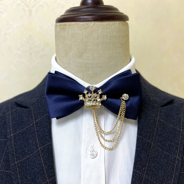 Nœud papillon en métal argenté pour homme avec chaîne en forme de couronne et de croix