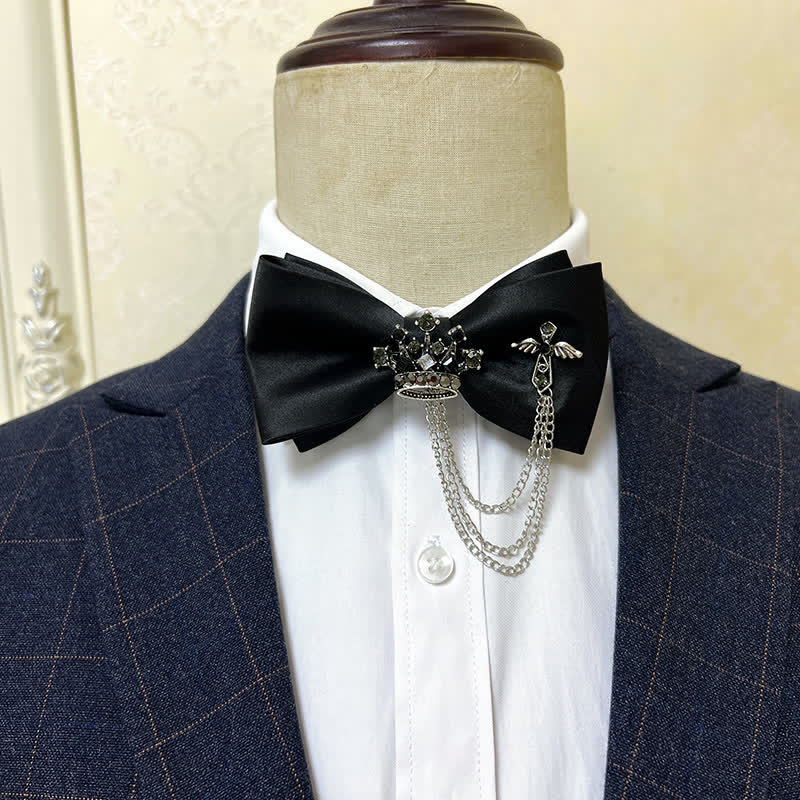 Nœud papillon en métal argenté pour homme avec chaîne en forme de couronne et de croix