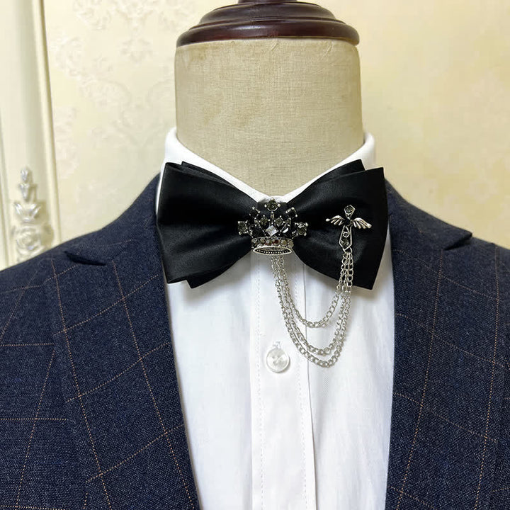 Nœud papillon en métal argenté pour homme avec chaîne en forme de couronne et de croix