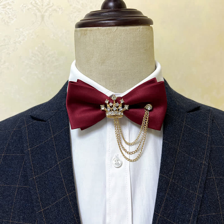 Nœud papillon en métal argenté pour homme avec chaîne en forme de couronne et de croix