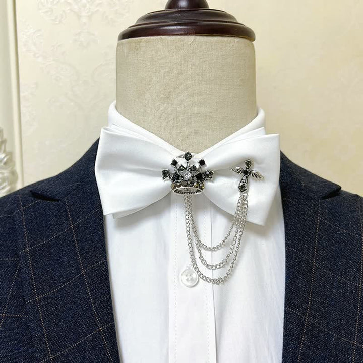 Nœud papillon en métal argenté pour homme avec chaîne en forme de couronne et de croix