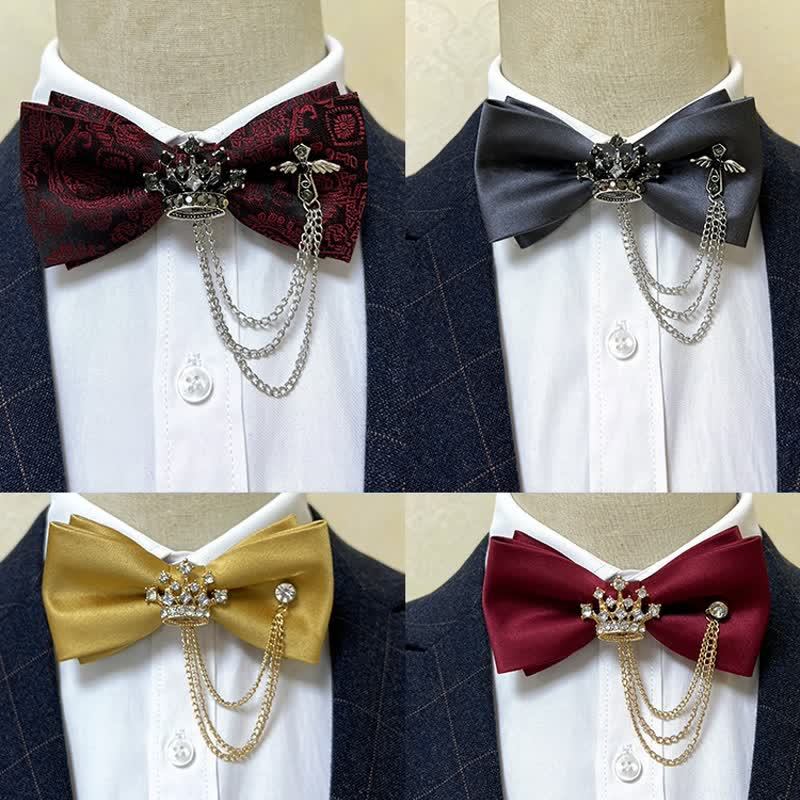 Nœud papillon en métal argenté pour homme avec chaîne en forme de couronne et de croix