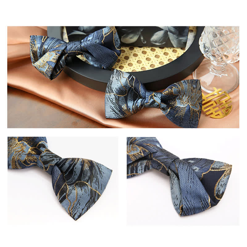 Nœud papillon jacquard fleuri bleu et doré pour homme