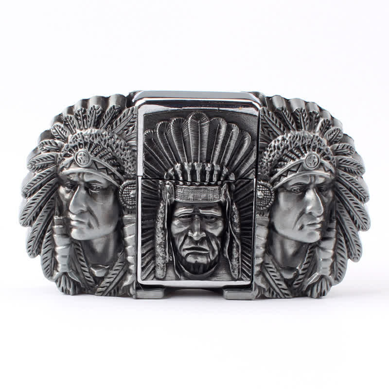 Ceinture en cuir pour homme avec tête de chef indien et briquet caché