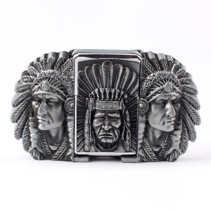Ceinture en cuir pour homme avec tête de chef indien et briquet caché