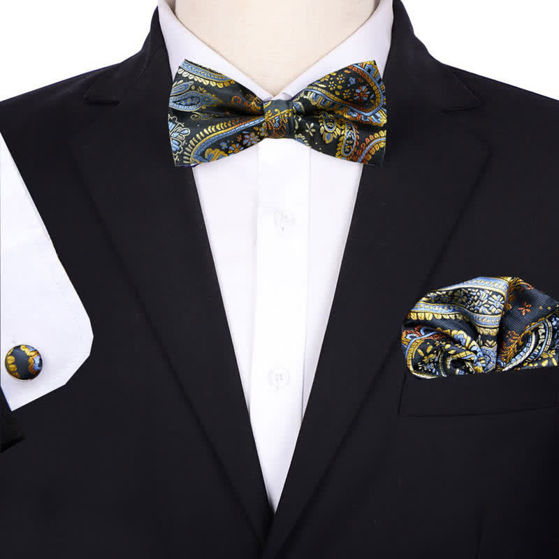 Ensemble de 3 nœuds papillons et carrés mouchoirs de poche en jacquard cachemire pour homme