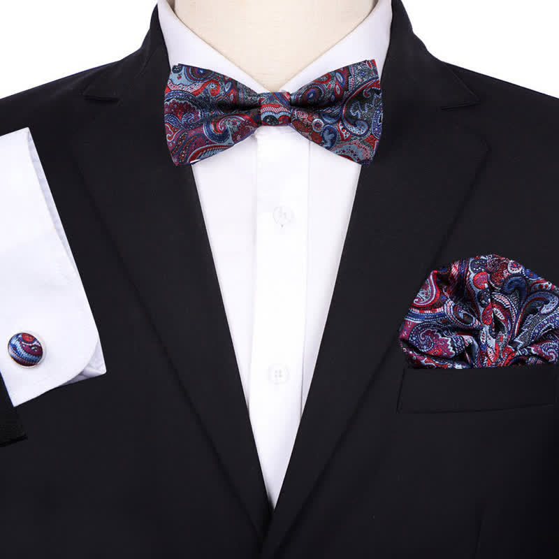 Ensemble de 3 nœuds papillons et carrés mouchoirs de poche en jacquard cachemire pour homme