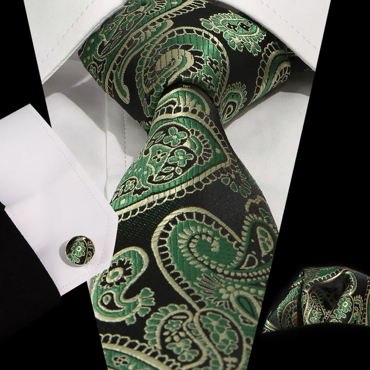Ensemble de 3 cravates à motif cachemire vert et noir pour homme