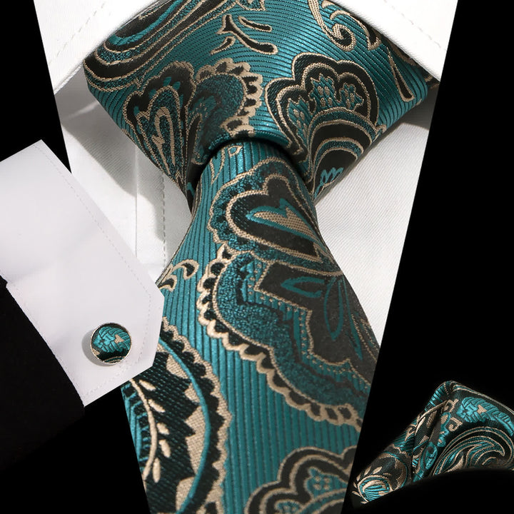 Ensemble de 3 cravates à motif cachemire vert et noir pour homme