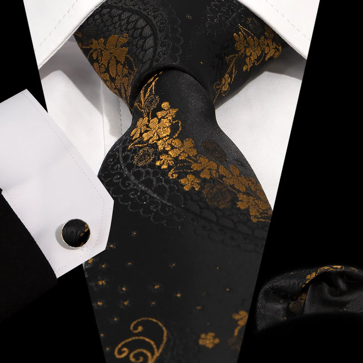 Ensemble de 3 cravates pour hommes avec broderies en cachemire exquises dorées et noires