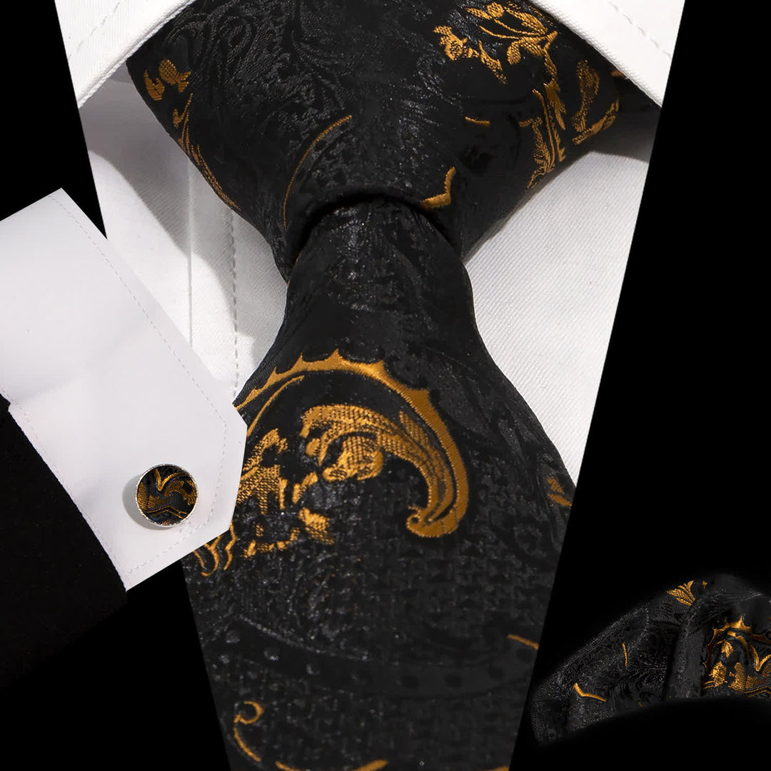 Ensemble de 3 cravates pour hommes avec broderies en cachemire exquises dorées et noires