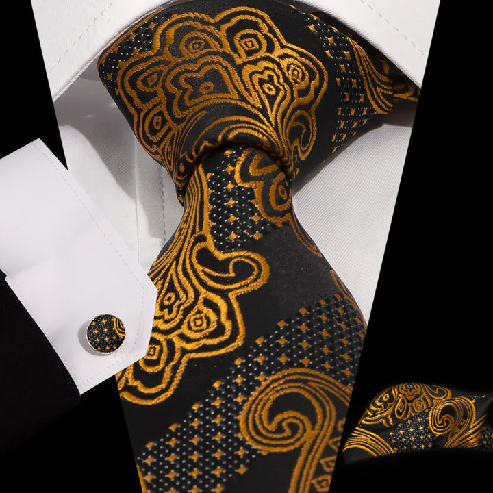 Ensemble de 3 cravates pour hommes avec broderies en cachemire exquises dorées et noires