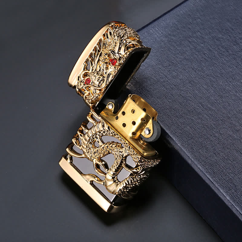Briquet à pétrole rechargeable en forme de dragon dominant sculpté