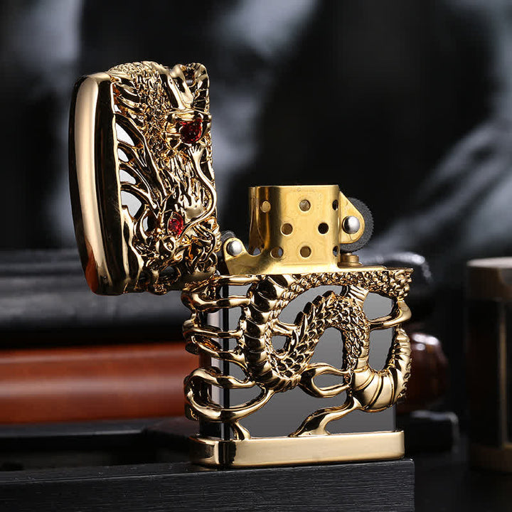 Briquet à pétrole rechargeable en forme de dragon dominant sculpté