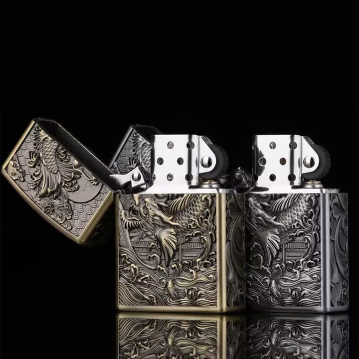 Briquet à huile rechargeable en relief Dragon Fish