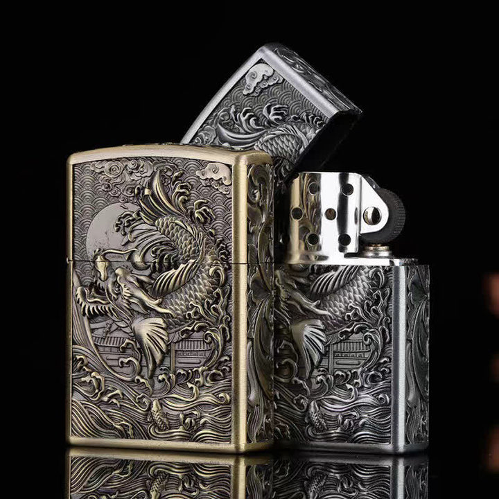 Briquet à huile rechargeable en relief Dragon Fish