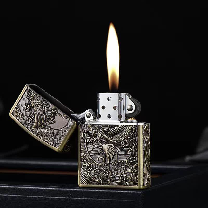 Briquet à huile rechargeable en relief Dragon Fish