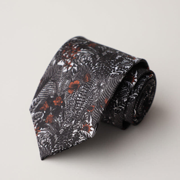 Cravate de costume pour homme à chardons noirs et fleurs rouge foncé