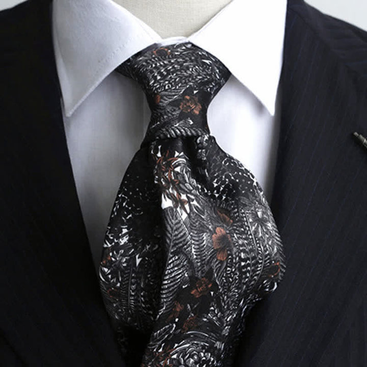Cravate de costume pour homme à chardons noirs et fleurs rouge foncé