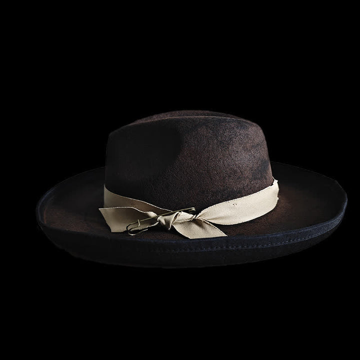Chapeau de cowboy en laine noire avec nœud en ruban Fedora - image 1