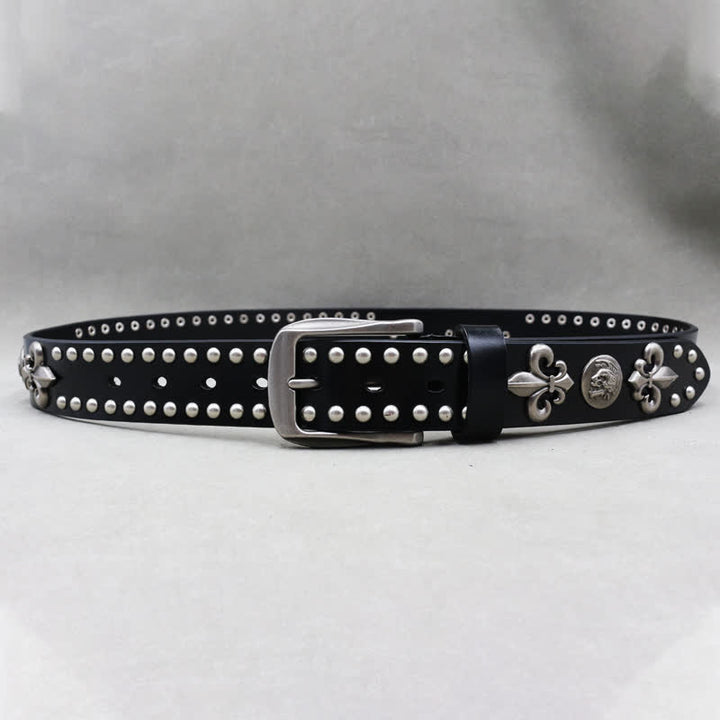 Ceinture gothique en cuir clouté à 2 rangées de rivets argentés et tête de mort