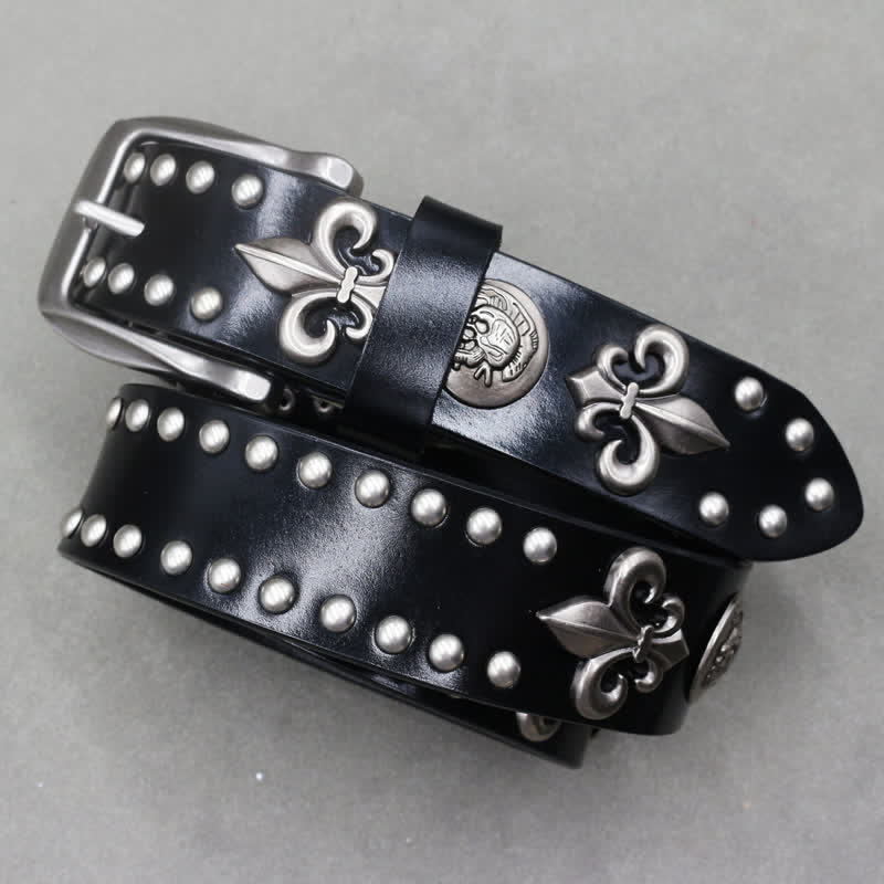 Ceinture gothique en cuir clouté à 2 rangées de rivets argentés et tête de mort