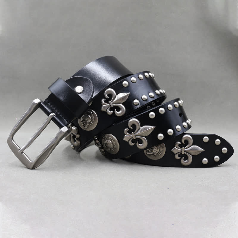 Ceinture gothique en cuir clouté à 2 rangées de rivets argentés et tête de mort