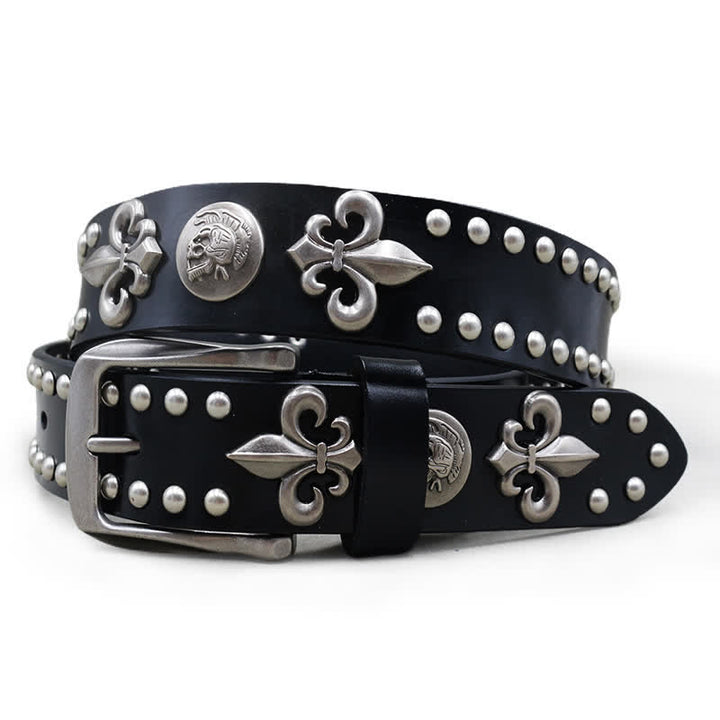 Ceinture gothique en cuir clouté à 2 rangées de rivets argentés et tête de mort