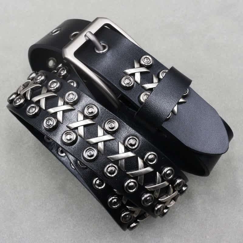 Ceinture en cuir cloutée punk rock à 3 rangs Cross &amp; Circle