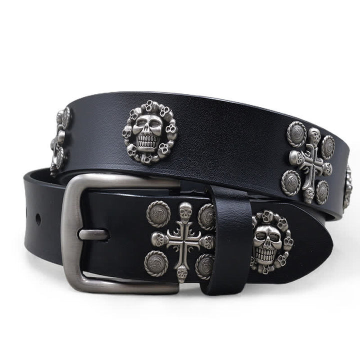 Ceinture en cuir cloutée avec motif tête de mort et croix et rivets métalliques
