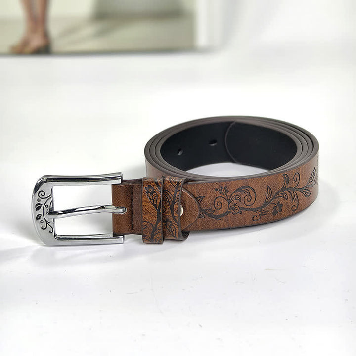 Ceinture en cuir à motif de feuilles et de fleurs en relief pour femme