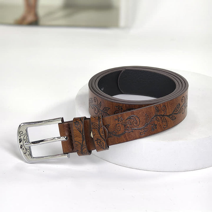 Ceinture en cuir à motif de feuilles et de fleurs en relief pour femme