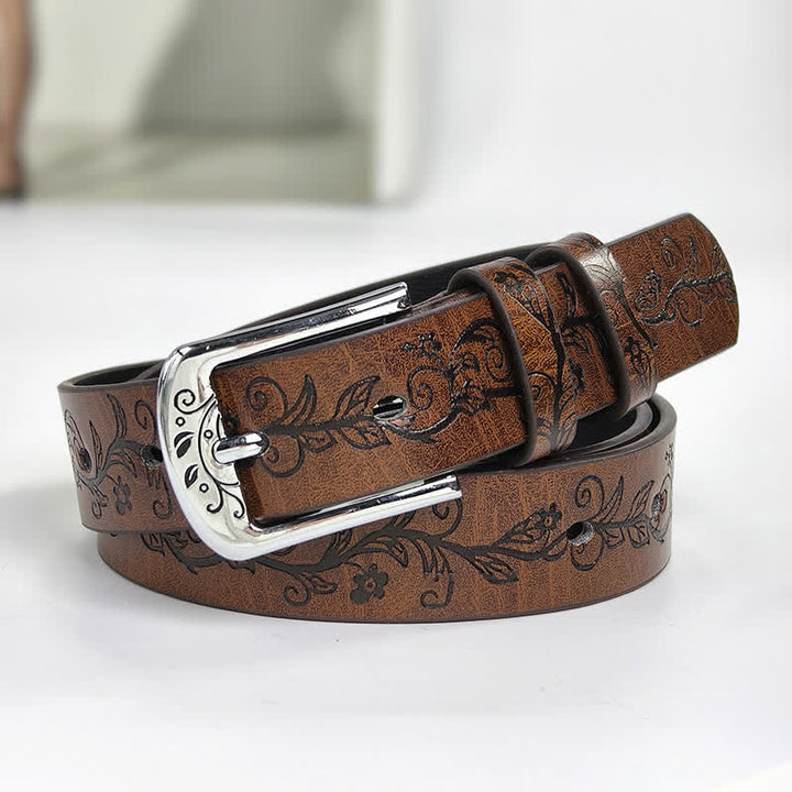 Ceinture en cuir à motif de feuilles et de fleurs en relief pour femme