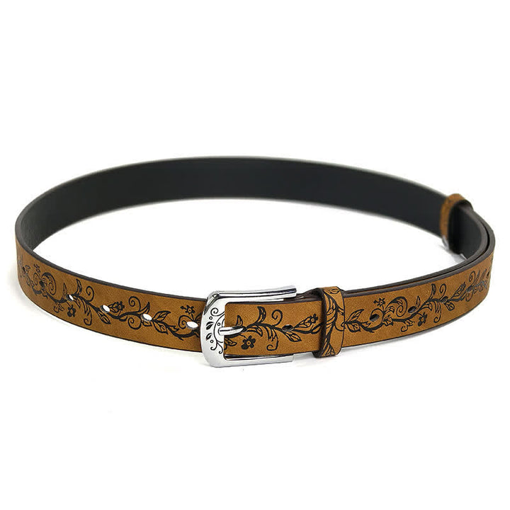 Ceinture en cuir à motif de feuilles et de fleurs en relief pour femme