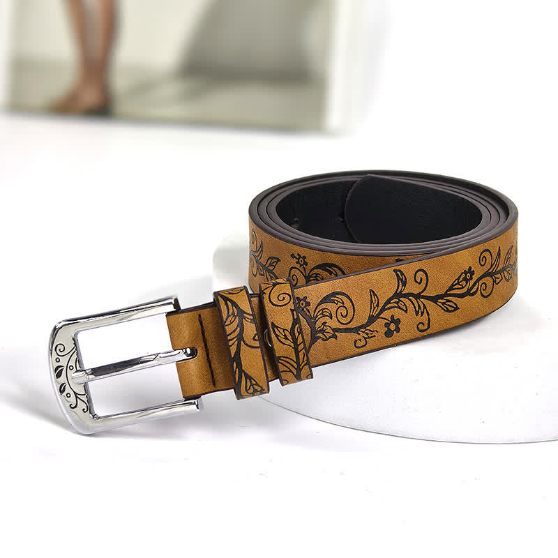 Ceinture en cuir à motif de feuilles et de fleurs en relief pour femme