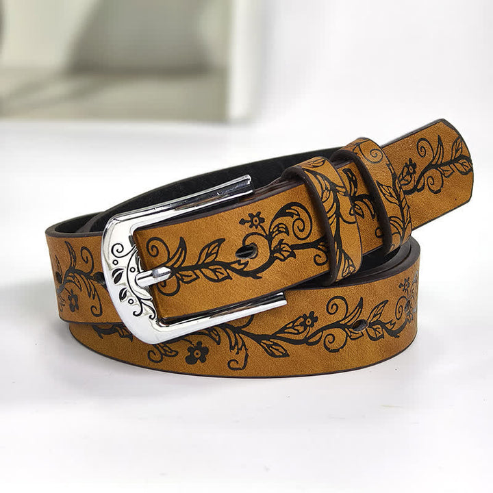 Ceinture en cuir à motif de feuilles et de fleurs en relief pour femme