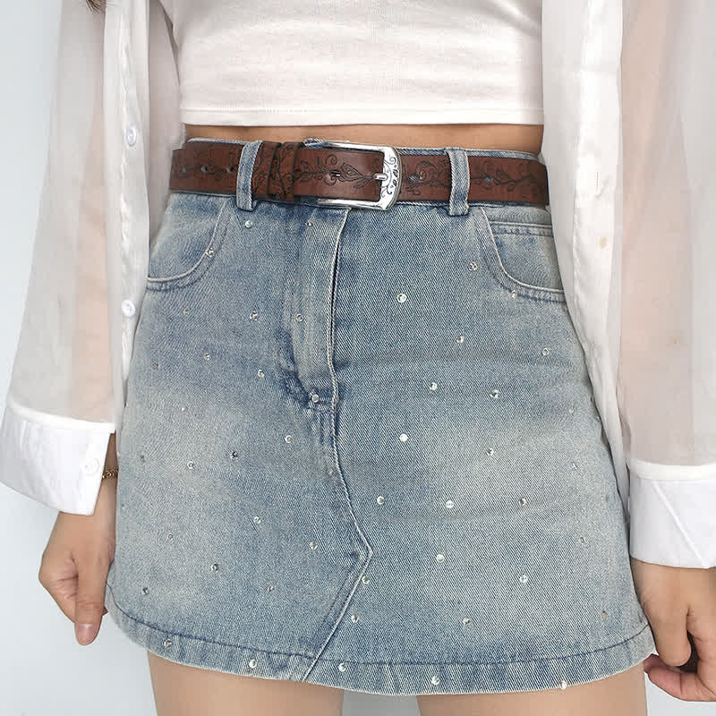 Ceinture en cuir à motif de feuilles et de fleurs en relief pour femme