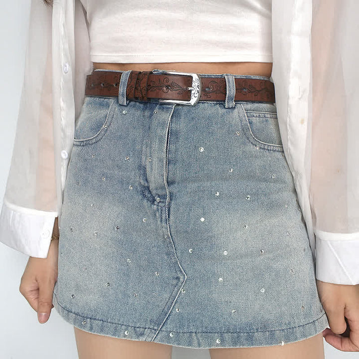 Ceinture en cuir à motif de feuilles et de fleurs en relief pour femme