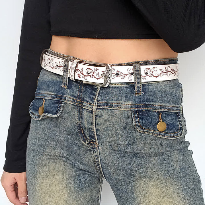 Ceinture en cuir à motif de feuilles et de fleurs en relief pour femme