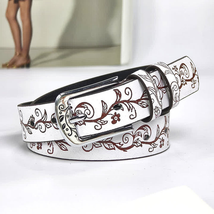 Ceinture en cuir à motif de feuilles et de fleurs en relief pour femme