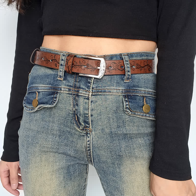 Ceinture en cuir à motif de feuilles et de fleurs en relief pour femme