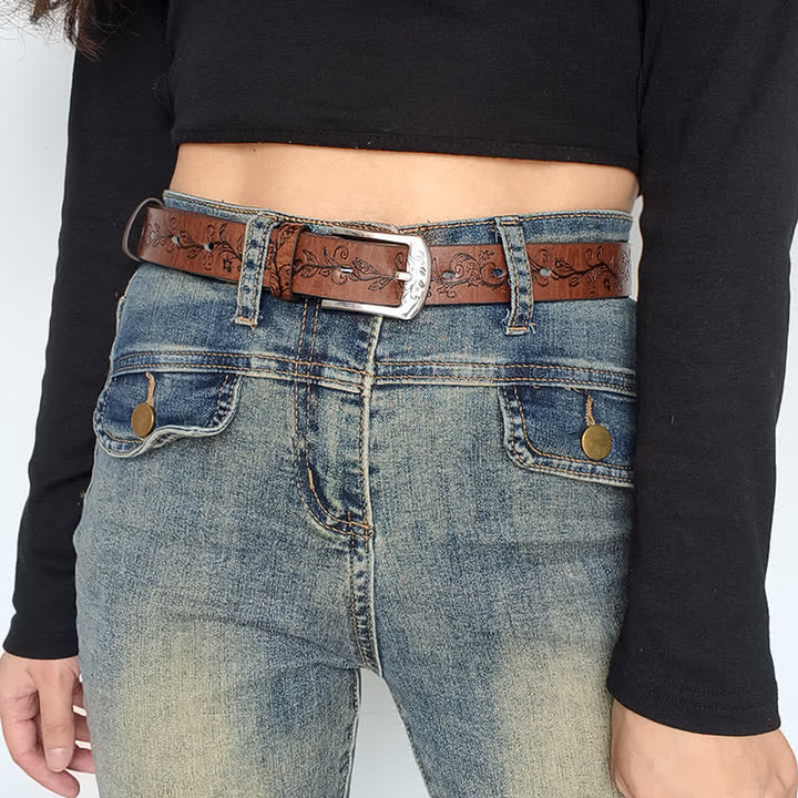 Ceinture en cuir à motif de feuilles et de fleurs en relief pour femme