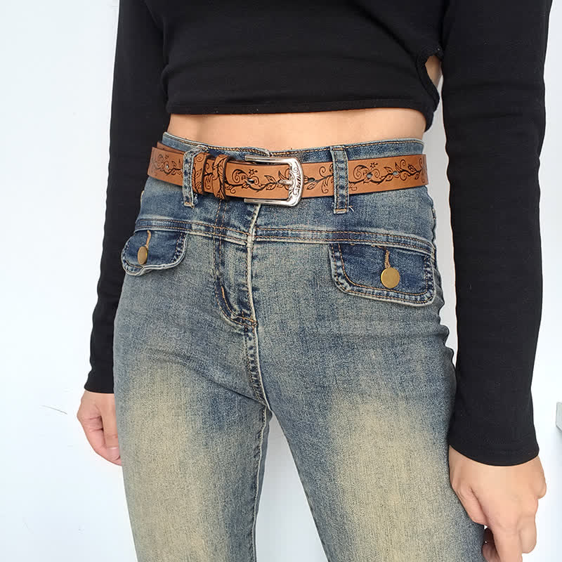 Ceinture en cuir à motif de feuilles et de fleurs en relief pour femme