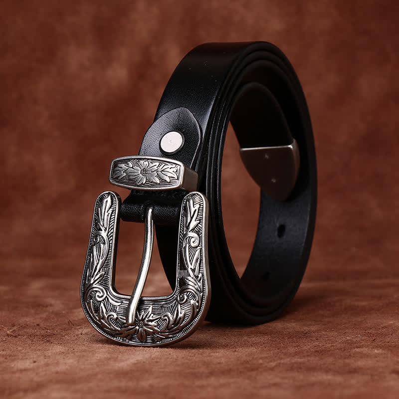 Ceinture étroite en cuir de style occidental avec boucle sculptée rétro