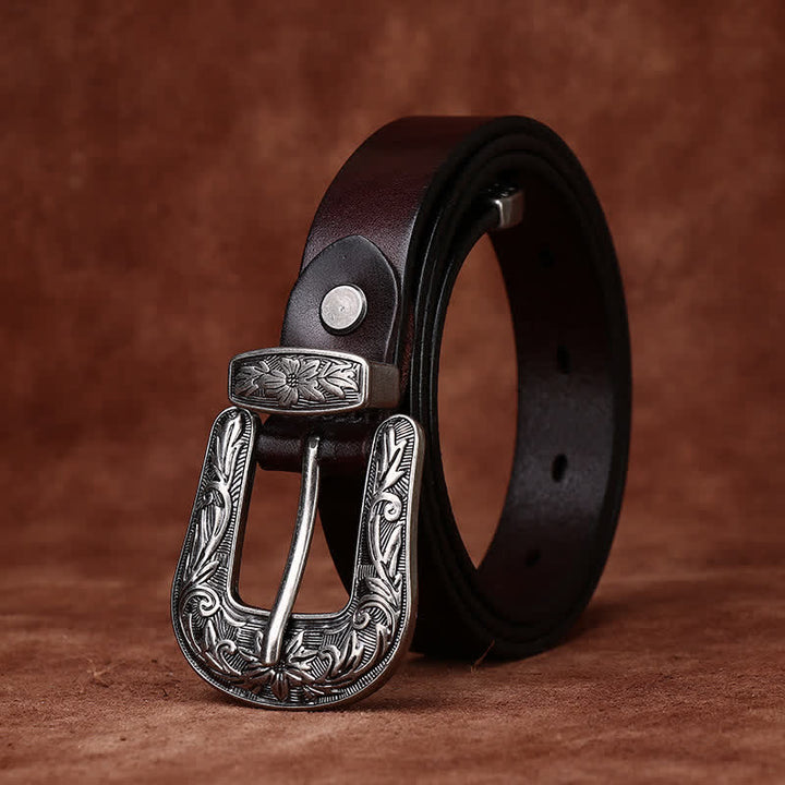 Ceinture étroite en cuir de style occidental avec boucle sculptée rétro
