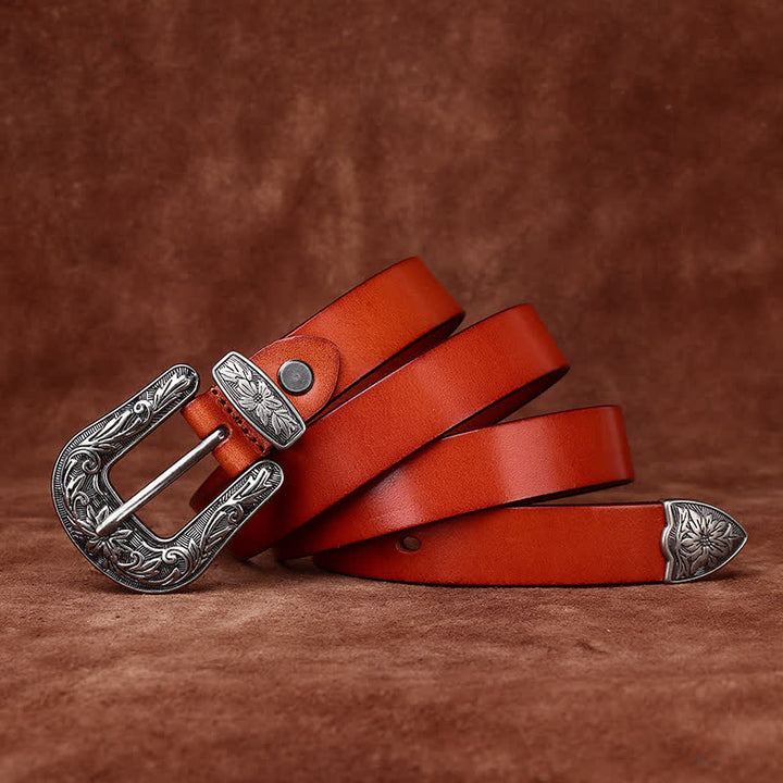 Ceinture étroite en cuir de style occidental avec boucle sculptée rétro