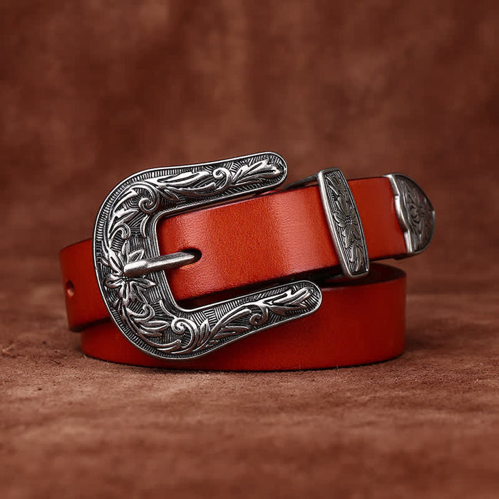 Ceinture étroite en cuir de style occidental avec boucle sculptée rétro