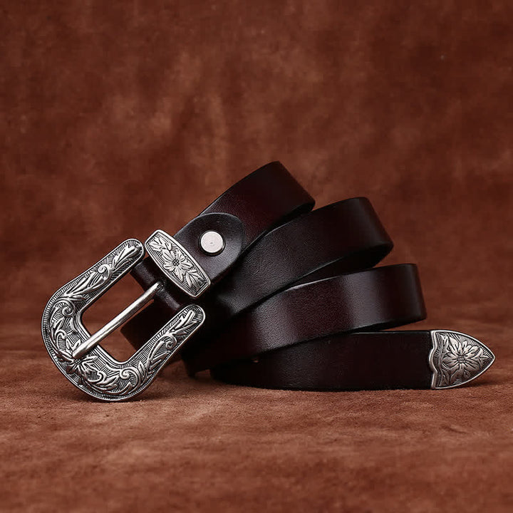 Ceinture étroite en cuir de style occidental avec boucle sculptée rétro