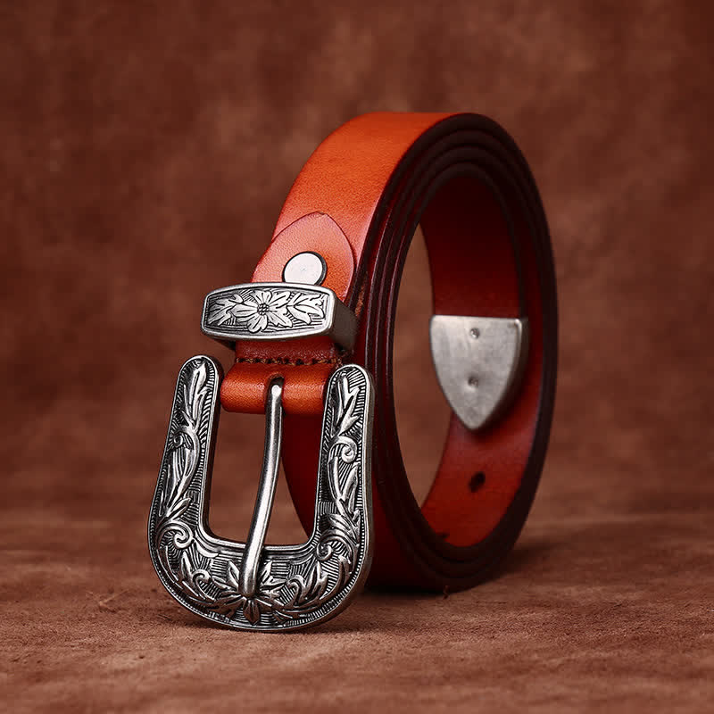 Ceinture étroite en cuir de style occidental avec boucle sculptée rétro