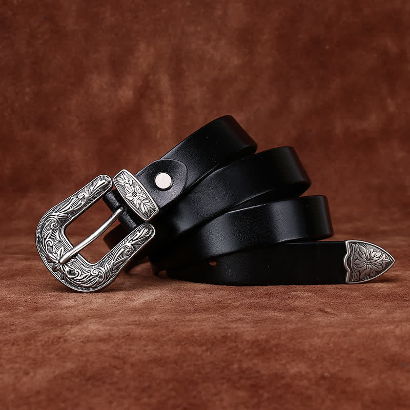 Ceinture étroite en cuir de style occidental avec boucle sculptée rétro